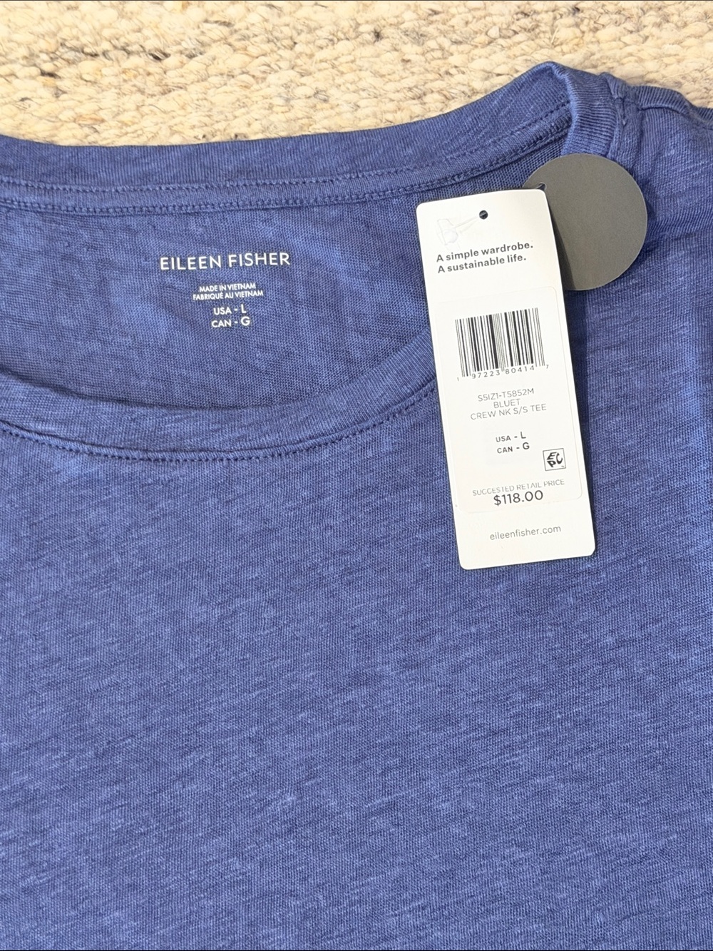NWT Eileen Fisher Organic Linen Jersey Crew Neck Short Sleeve Tee - blue - Picture 3 of 4